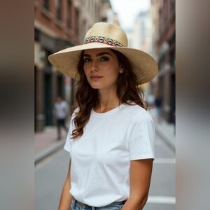 HAT UNBRANDED Beige Wide Brim Hat with Colorful Band 7" HEAD